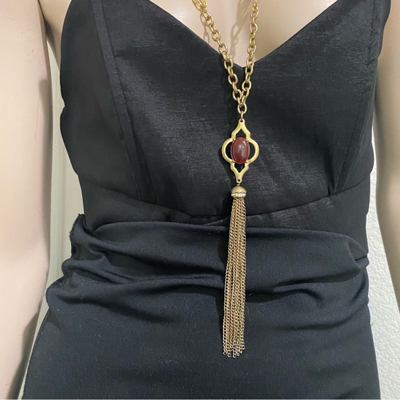 Vintage Double Sided Semi-Precious Stone Gold-tone Chain Tassel Necklace - Picture 5 of 16